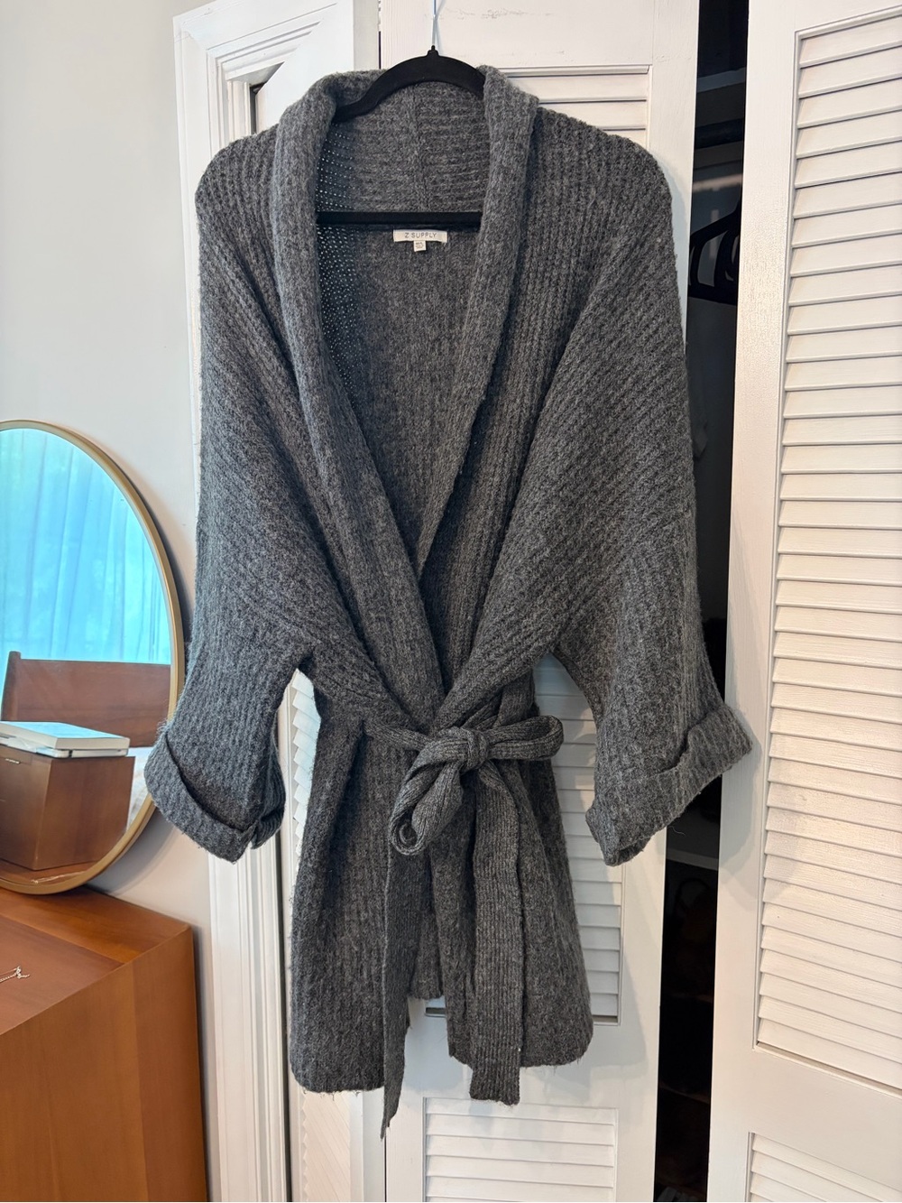 Z Supply Dark Gray Ribbed Shawl-Collar Belted Cardigan